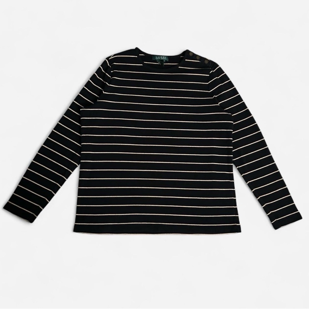 Lauren Ralph Lauren Black Long-Sleeve Striped Tee with Cream Stripes